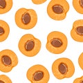 Apricots seamless pattern. Orange fruit halves with kernel. Food background.