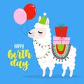 Happy birthday! - Cute llama hand drawn illustration with pink and red balloon.