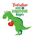 Valentine wishes and dinosaur kisses - funny hand drawn doodle, cartoon dino