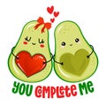 You complete me - Cute hand drawn avocado couple illustration kawaii style.