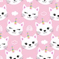 Cute white cat faces with unicorn hors - funny doodle, seamless pattern.