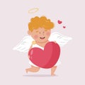 Smiling Cupid holding a big red heart in his hands. Royalty Free Stock Photo