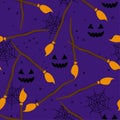 Cute Witch`s broom seamless pattern with spider web for Halloween. Royalty Free Stock Photo