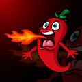 Cartoon chili pepper mascot breathing fire