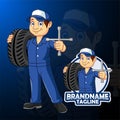 Cartoon car mechanic man carrying a tire with spanner Royalty Free Stock Photo