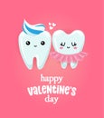 Happy Valentine`s Day - Tooth couple character design in kawaii style.