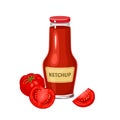 Ketchup in glass bottle and ripe tomato vegetables isolated Royalty Free Stock Photo
