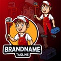 Cartoon plumber mascot design with big wrench Royalty Free Stock Photo