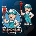 Cartoon plumber mascot design with big wrench