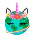 Beautiful Earth unicorn for Earth Day, Unicorn head with flower crown, Unicorn Face. Royalty Free Stock Photo