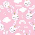 Cute white bunny faces with unicorn hors - funny doodle, seamless pattern.