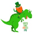 Happy Saint Patrick`s patrex pun day - funny hand drawn doodle, cartoon dino.