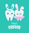 Happy Easter - Tooth couple character design in kawaii style. Hand drawn Toothfairy with funny quote.