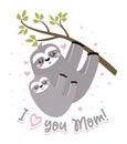 I love you Mom - cute sloth hanging on his Mother. Relax and enjoy the Mother`s Day.