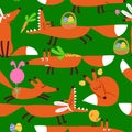 Fox pattern design with several foxes - funny handdrawn doodle, seamless pattern.