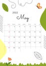 Month May 2022 with abstract elements, grass, flower, leaves, butterfly. Royalty Free Stock Photo