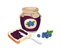 Blueberry jam set. Vector sweet food illustration in cartoon flat style. Royalty Free Stock Photo