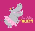 Birthday queen - funny hand drawn doodle, cartoon Hippopotamus.