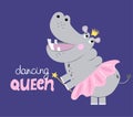 Dancing queen - funny hand drawn doodle, cartoon Hippopotamus. Royalty Free Stock Photo