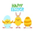 Happy Easter - cute chicks and hatching chick with eggshell. Royalty Free Stock Photo