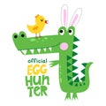 Official Egg Hunter - Funny crocodile in easter bunny costume with eggs. Royalty Free Stock Photo