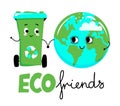 Eco friends - Cute dustbin container and planet Earth. No plastic. Go green. Royalty Free Stock Photo