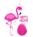 Happy Easter text with beautiful pink flamingo with easter bunny ears Royalty Free Stock Photo