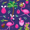 Flamingo Easter egg hunt party - Funny cartoon flamingos, palm trees and eggs.