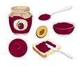 Plum jam set. Vector sandwich with homemade fruit marmalade, knife, glass jar with jelly, spoon and bowl