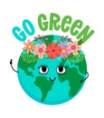 Go green  - vector text quotes and planet earth drawing with flower wreath. Royalty Free Stock Photo