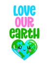 Love our Earth - Earth Day kawaii drawing with heart shape Earth Royalty Free Stock Photo