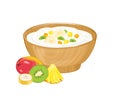 Yogurt with tropical fruit in bowl. Dairy dessert with pineapple, kiwi, mango and banana. Royalty Free Stock Photo