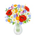 Bouquet of summer flowers in glass transparent vase isolated on white Royalty Free Stock Photo