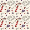 American Hand Drawn Vector Seamless Pattern. Stars, flag in doodle style. Design for USA Independence Day 4th of July Royalty Free Stock Photo