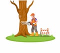 Construction worker cut tree with chainsaw. tree logging activity cartoon illustration vector