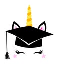 Beautiful Unicorn head with graduation cap, Unicorn Face with lashes. Royalty Free Stock Photo