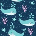 Blue whale pattern design with corals and bubbles - funny hand drawn doodle, seamless pattern.