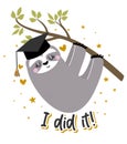 I did it - Smart Sloth student in graduate cap. Cute Sloth character. Royalty Free Stock Photo