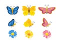 Cartoon cute butterfly set. Pink, yellow and blue butterflies and flowers. Royalty Free Stock Photo