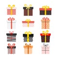 Gift boxes set. Colorful presents with bows collection. Royalty Free Stock Photo