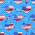 USA hearts and fireworks pattern design in USA colors - funny drawing seamless pattern. Royalty Free Stock Photo