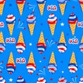 Uncle Sam hat and fireworks pattern design in USA colors - funny drawing seamless pattern.