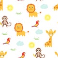 Cute animals seamless pattern. Vector baby background. Giraffe, lion, monkey and parrot. Royalty Free Stock Photo