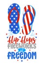 Flip-flops, fireworks and freedom - red white and blue flip flop beach footwear with lovely summer quote and beautiful woman legs Royalty Free Stock Photo