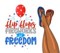 Flip-flops, fireworks and freedom - red white and blue flip flop beach footwear with lovely summer quote and beautiful woman legs Royalty Free Stock Photo