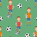 Seamless pattern with boy soccer player and soccer ball on green. Sports background. Football vector illustration. Royalty Free Stock Photo