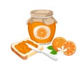 Orange jam set. Spread on piece of toast bread, knife, glass jar with marmalade and fresh citrus fruit