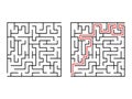 Labyrinth logic game way set. Maze challenge with red line route hint. Royalty Free Stock Photo