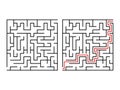 Labyrinth logic game way set. Maze challenge with red line route hint. Royalty Free Stock Photo