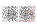 Labyrinth logic game way set. Maze challenge with red line route hint Royalty Free Stock Photo